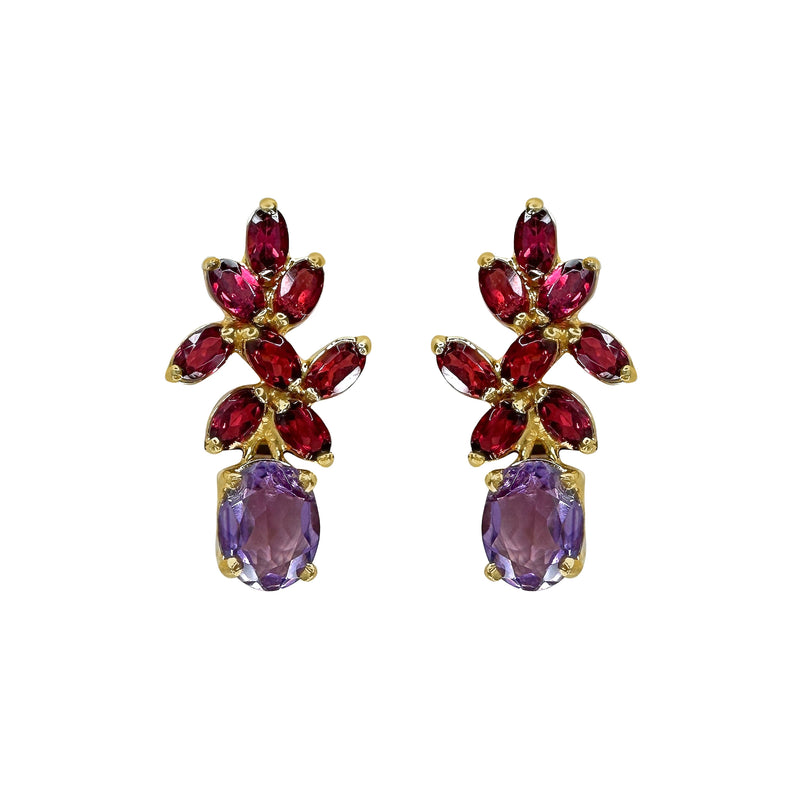 Earrings - Amethyst & Garnet Flower Drop