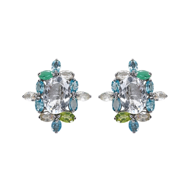 Earrings - Blue Topaz, Clear Crystal Quartz &  Peridot Cocktail Stud