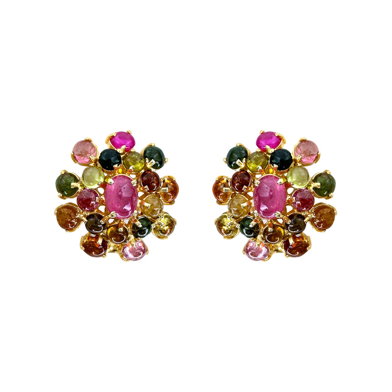 Earrings - Tourmaline & Ruby Cluster