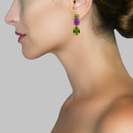 Earrings - Peridot, Pink Topaz & Green Quartz Triple Drops