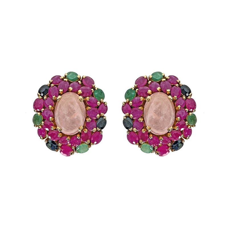 Earrings - Rose Quartz, Ruby, Emerald & Sapphire Cluster