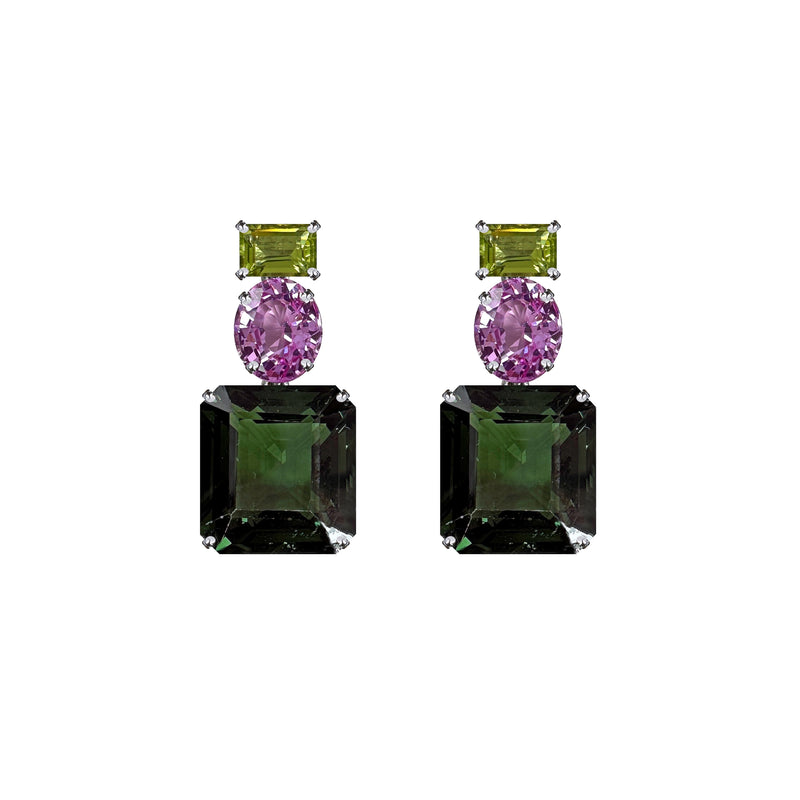 Earrings - Peridot, Pink Quartz & Green Quartz Triple Drops