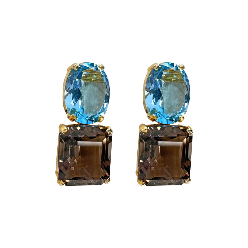 Earrings - Blue Topaz & Smoky Quartz Double Drops