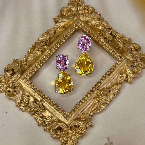 Earrings - Pink Topaz & Citrine Double Drops