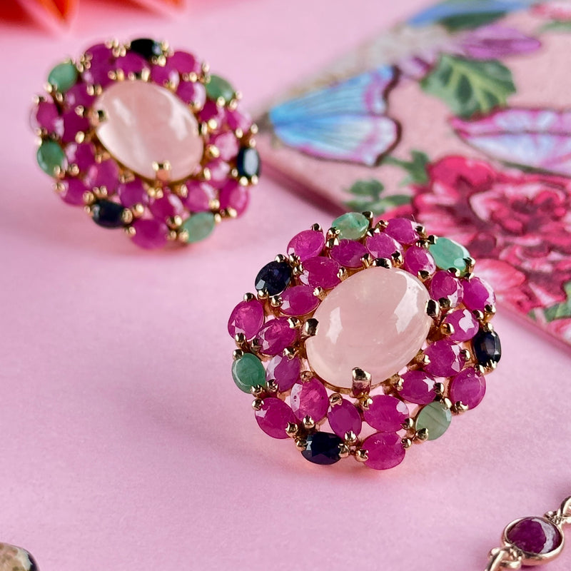 Earrings - Rose Quartz, Ruby, Emerald & Sapphire Cluster