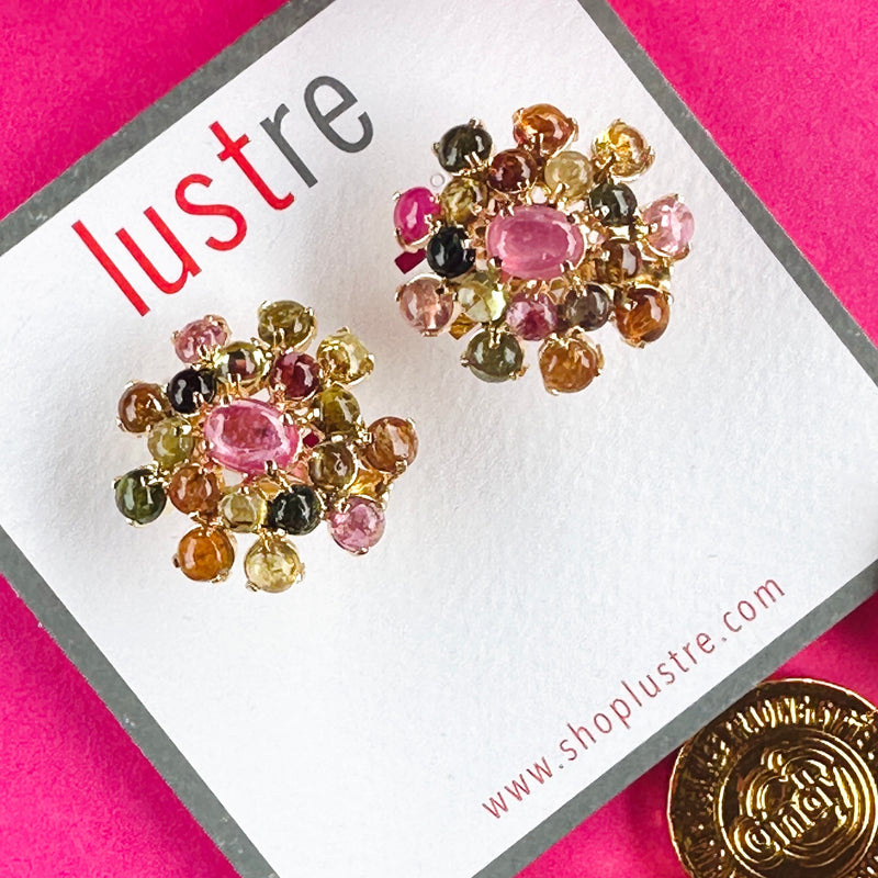 Earrings - Tourmaline & Ruby Cluster