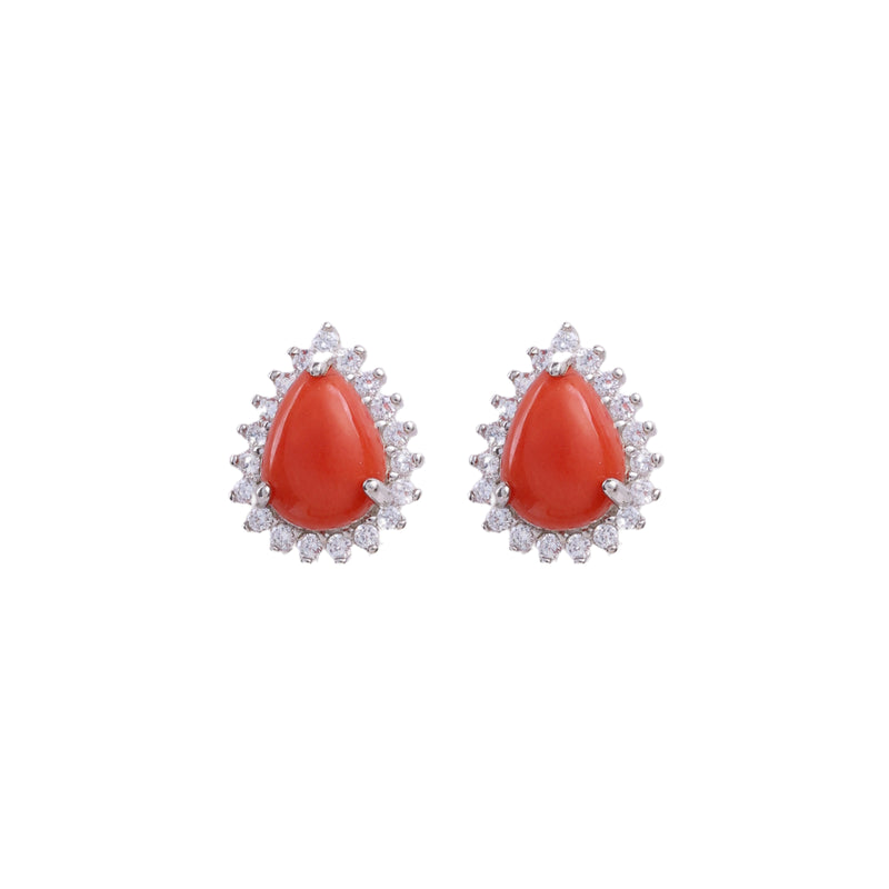 Earrings - Coral & White Topaz Pear Halo