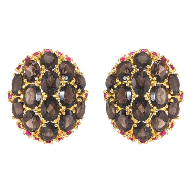 Earrings - Smoky Quartz & Ruby Globes